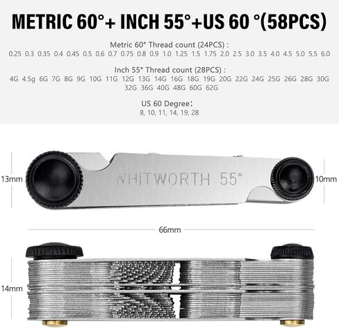 52 قطعة من مقاييس الخيوط من الفولاذ المقاوم للصدأ ويتوورث إمبريال 55 درجة، متري 60 درجة، مقياس خيط 60 درجة أمريكي لأداة قياس البراغي in Kuwait