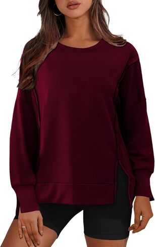 Womens Crewnecks Sweatshirt Side Slit Long Sleeve Pullover Casual Fit Oversized Sweatshirts, S-XL in Saudi Arabia