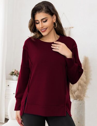Womens Crewnecks Sweatshirt Side Slit Long Sleeve Pullover Casual Fit Oversized Sweatshirts, S-XL in Saudi Arabia