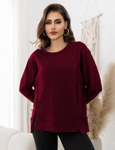 Womens Crewnecks Sweatshirt Side Slit Long Sleeve Pullover Casual Fit Oversized Sweatshirts, S-XL in Saudi Arabia