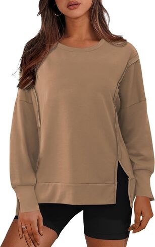 Womens Crewnecks Sweatshirt Side Slit Long Sleeve Pullover Casual Fit Oversized Sweatshirts, S-XL in Saudi Arabia