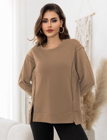 Womens Crewnecks Sweatshirt Side Slit Long Sleeve Pullover Casual Fit Oversized Sweatshirts, S-XL in Saudi Arabia