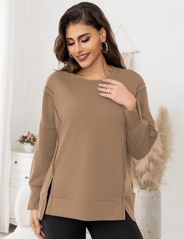 Womens Crewnecks Sweatshirt Side Slit Long Sleeve Pullover Casual Fit Oversized Sweatshirts, S-XL in Saudi Arabia