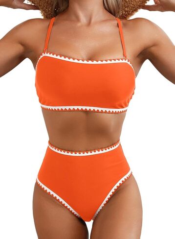 ملابس سباحة نسائية من Herseas مكونة من قطعتين بلون كتلة سوط بغرز لصيف 2025 بدون أكتاف بدلة استحمام عالية الخصر in Kuwait