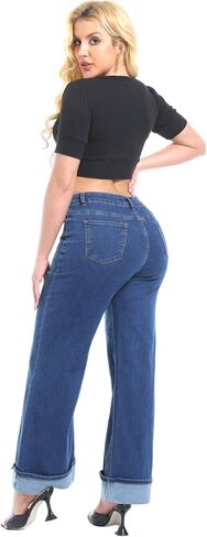 بنطال جينز نسائي واسع الساق بخصر عالٍ وأساور مطاطية وفضفاضة من قماش الدنيم in Kuwait