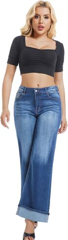 بنطال جينز نسائي واسع الساق بخصر عالٍ وأساور مطاطية وفضفاضة من قماش الدنيم in Kuwait