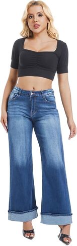 بنطال جينز نسائي واسع الساق بخصر عالٍ وأساور مطاطية وفضفاضة من قماش الدنيم in Kuwait