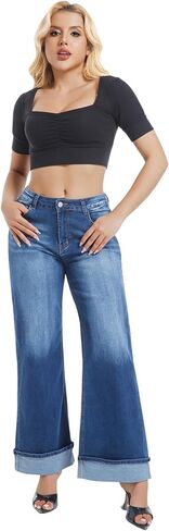 بنطال جينز نسائي واسع الساق بخصر عالٍ وأساور مطاطية وفضفاضة من قماش الدنيم in Kuwait