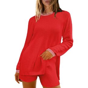 TAKEYAL Long Sleeve Sweater Crew Neck Casual Knit Tunic Tops With Shorts Two Piece Set