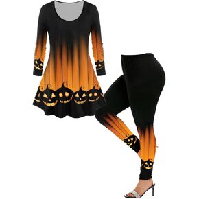 ROSE GAL Women Plus Size Two Piece Halloween Outfits Treat or Trick Pumpkin T-shirt and Leggings Matching Set 2 Piece Set