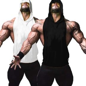 ZUEVI Men's 2 Pack Muscle Sleeveless Hoodies Tank Tops Gym Workout Hooded Bodybuilding Stringer T Shirt in Kuwait