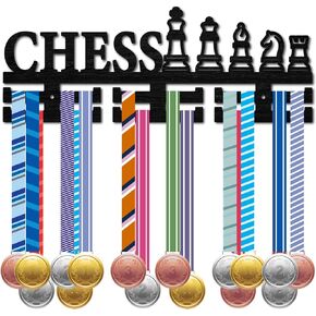 CREATCABIN Chess Medal Hanger Medal Holder Display Sports Competition Rack Wall Mount Wooden Medal Frame with Hooks Organizer for Hanging Over 30 Medals Ribbons Chess Player Medalist 15.7 x 5.9Inch