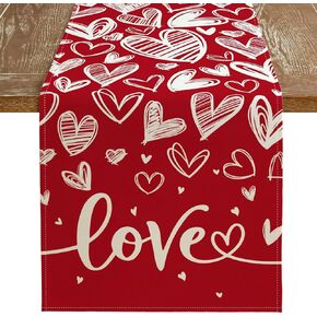 Red Love Heart Table Runner Valentine's Day Linen Buffalo Plaid Heart Seasonal Farmhouse Burlap Table Runner for Mother's Day Anniversary Wedding Party Kitchen Dining Table Decoration 13x72 Inch