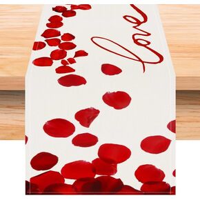 mdgfge Valentine's Day Table Runner Red Rose Petal Love Letter Decorative Romantic Farmhouse Table Decoration for Anniversary Engagement Indoor Table Dinning Party (13 x 72 Inch)