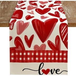 Valentine's Day Red Love Heart Table Runner Mother's Day Linen Love Table Runner Seasonal Farmhouse Burlap Table Décor for Home Holiday Anniversary Wedding Party Table Decoration 13x72 Inch