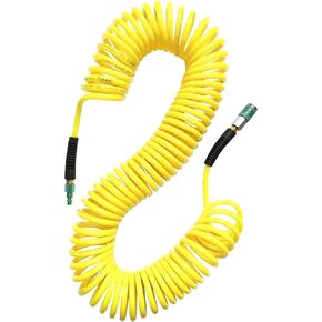(PU) Polyurethane Recoil Air Hose 1/4"ID x 50ft with Bend Restrictor,1/4" Industrial Steel Quick Coupler and Plug, Yellow(50’)