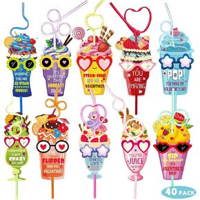 Ferraycle Valentines Day Gifts for Kids 40 Sets Valentines Day Crazy Straws with Cards Classroom Toddlers Girls Boys School Class Exchange Gifts Prizes for Valentine's Day Party
