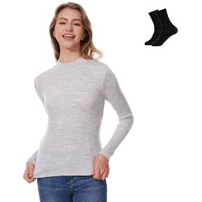 Merino Wool Base Layer Women 100% Merino Wool Long Sleeve Thermal Shirts for Women for Skiing Hiking Womens Turtle Neck Top