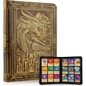 FEIDIAO 9 Pocket Trading Card Binder 360 Side Loading Pockets Albums with Zipper 3D PU Leather Embossed Dragon Card Books Collectible Trading Card Game Album for MTG,TCG,Pokmon,Lorcana(Bronzed)