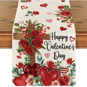 Artoid Mode Cross Red Roses Heart Happy Valentine's Day Table Runner, Wedding Kitchen Dining Table Decoration for Home Party Decor 13x120 Inch