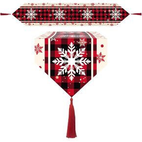 Happy Christmas Table Runner Red Black Plaid Cotton Linen Christmas Table Runner Merry Christmas Table Runner with Tassels Winter Christmas Table Decorations 13x72 Inch