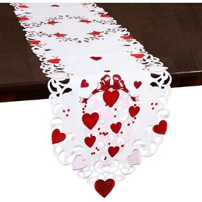 Grelucgo Embroidered Decorative Valentine's Day Table Runner with Hearts, Pink and Red (14x69 inches)