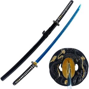 Makoto Handmade Razor Sharp 41" Black Samurai Katana Sword - Dragon Tsuba Blue Blade