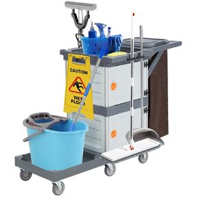 Commercial Janitorial Cart with 2 Cabinet - Black Housekeeping Caddy with Cover, Shelves, and Vinyl Bag