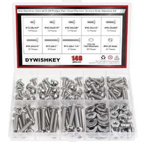 DYWISHKEY 146 Pieces #10-24 x 1/4", 5/16", 3/8", 1/2", 5/8", 3/4", 1", 1-1/4" Phillips Pan Head Machine Screws Nuts Washers Assortment Kit, 10-24 Screw Kit, 304 Stainless Steel