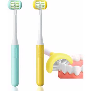 2 Pieces 3 Sided Toddler Toothbrush, Three Bristles for Kids Toothbrush, Autism Soft Bristles Toothbrush,Soft and Gentle for Complete Tooth and Gum Care(C1（Blue+Yellow） Kids)