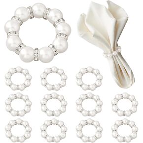 Pearl Napkin Rings, Round Napkin Buckles Wedding Beaded White Napkin Rings Silver Napkin Ring Holder for Formal Dinner Reception Party Banquet Table Decor (12)