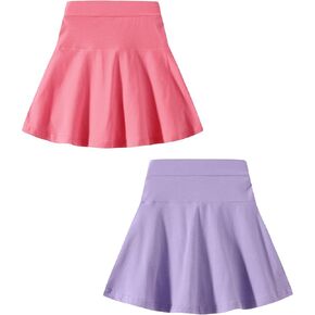2 Pack Girls Skirts Elastic Flared Plain Tennis Skater Skirts with Built-in Shorts Kids Active Flowy Skorts