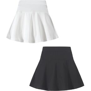 2 Pack Girls Skirts Elastic Flared Plain Tennis Skater Skirts with Built-in Shorts Kids Active Flowy Skorts