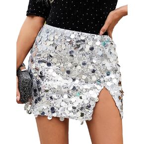 YYASilver Women's Sequin Skirts Shiny Mini Bodycon Skirts for Holiday Parties, S-XL