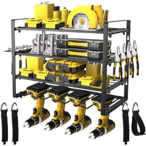 4 Layers Power Tool Organizer Wall Mount, Garage Wall Shelving, 4 Drill Holder Wall Mount, Cordless Tool Organizer, Garage Storage Rack with 4 Extension Cord Holder
