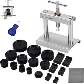 Watch Press Tool, TICFROG Watch Crystal Press, Set Back Case Closer, Metal Watch Back Case Press, Watch Battery Replacement Tool with Watch Back Remover Tool, Watch Case Opener, 7.08"x7.08" Large Cleaning Cloth and 18pcs Dies for Round/Square Watch Dials