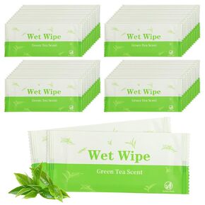 Individual Hand Wipes, 100 Pcs Wet Wipes Individually Wrapped, Wet Napkins Travel Size for Wedding, Barbecue, Restaurant, Green Tea Scent