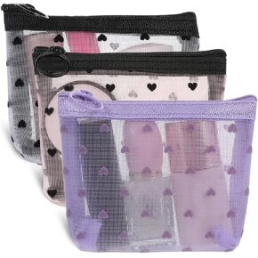 Mini Cosmetic Bags, 2Pcs Heart Print Mini Zipper Mesh Bags, Lipstick Cosmetic Accessories Organizer, Mini Mesh Makeup Bag, Mini Zipper Mesh Cosmetic Bag for Women, Small Makeup Bag for Purse, 2 Sizes