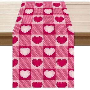 Valentines Day Pink White Plaid Love Hearts Cloth Table Runner Burlap Table Decoration for Home Kitchen Dining Dinner Indoor Holiday Farmhouse Decor 13x36 Inch