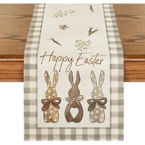 Artoid Mode Buffalo Plaid Bunny Happy Easter Table Runner, Seasonal Spring Kitchen Dining Table Decoration for Home Party Decor 13x72 Inch