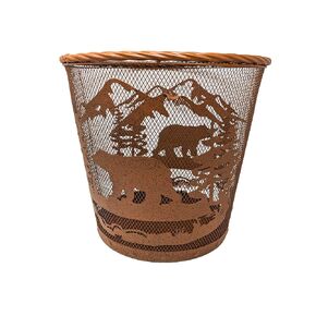 Rustic Mountain Forest Bear Metal Wastebasket – Brown Mesh Trash Bin with Wildlife Design for Home, Office, or Bathroom Decor – Nature-Inspired Accent