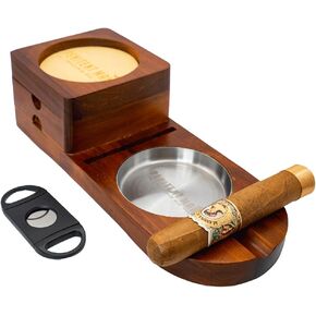 Cigar Ashtray - Cigar Ashtrays for Men & Outdoor Cigar Ashtray Set with Whiskey Coaster and Cigar Cutter - Wooden Large Cigar Ashtray with Cigar Accessories for Men
