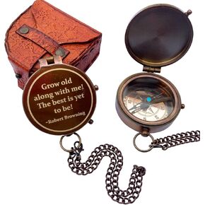Grow Old Along with Me! Vintage Brass Compass with Stamped Leather Case - Engraved Robert Browning Quote - Antique Brown Finish - Anniversary Compass Gift for Him or Her, Romantic Gift Ideas