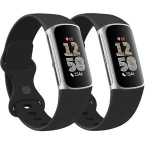 2 Pack Silicone Band for Fitbit Charge 6 / Fitbit Charge 5, Classic Soft Sport Replacement Wristbands Strap for Women Men