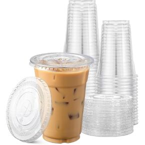 TashiBox Plastic Cups with Flat Lids 100 Sets 16 oz, Clear Crystal drink cups with lids