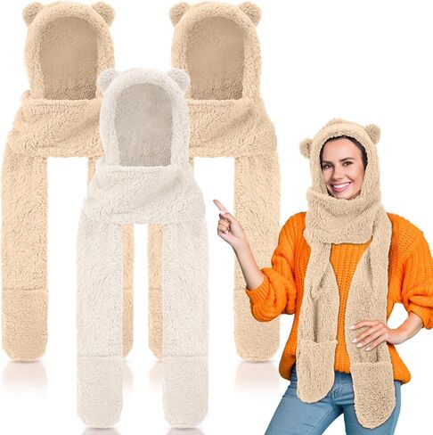 Coume 3 Pack Winter Fleece Women's Bear Ear Sherpa Hooded Hat Scarf Gloves 3 in 1 Hooded Scarf Ear Protection Windproof Cap Soft Plush Thick Warm Hat Soft Faux Fur Hooded Scarves for Women Men in Saudi Arabia