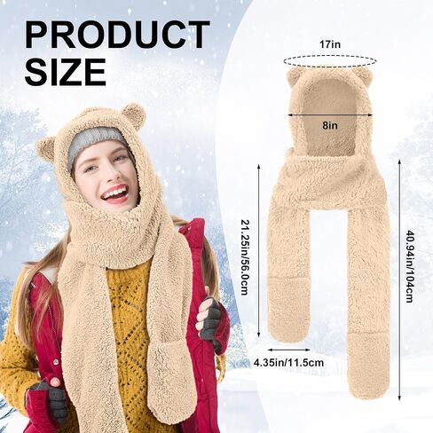 Coume 3 Pack Winter Fleece Women's Bear Ear Sherpa Hooded Hat Scarf Gloves 3 in 1 Hooded Scarf Ear Protection Windproof Cap Soft Plush Thick Warm Hat Soft Faux Fur Hooded Scarves for Women Men in Saudi Arabia