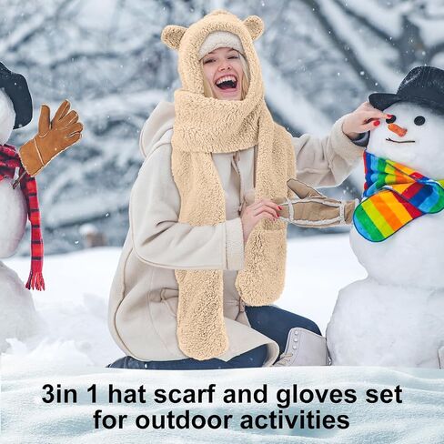 Coume 3 Pack Winter Fleece Women's Bear Ear Sherpa Hooded Hat Scarf Gloves 3 in 1 Hooded Scarf Ear Protection Windproof Cap Soft Plush Thick Warm Hat Soft Faux Fur Hooded Scarves for Women Men in Saudi Arabia