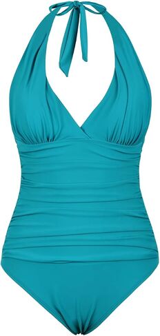 Hilor Women's One Piece Swimsuits V Neck Shirred Swimwear Tummy Control Halter Bathing Suits Monokini in Saudi Arabia
