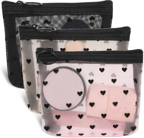 Mini Cosmetic Bags, 2Pcs Heart Print Mini Zipper Mesh Bags, Lipstick Cosmetic Accessories Organizer, Mini Mesh Makeup Bag, Mini Zipper Mesh Cosmetic Bag for Women, Small Makeup Bag for Purse, 2 Sizes in Saudi Arabia